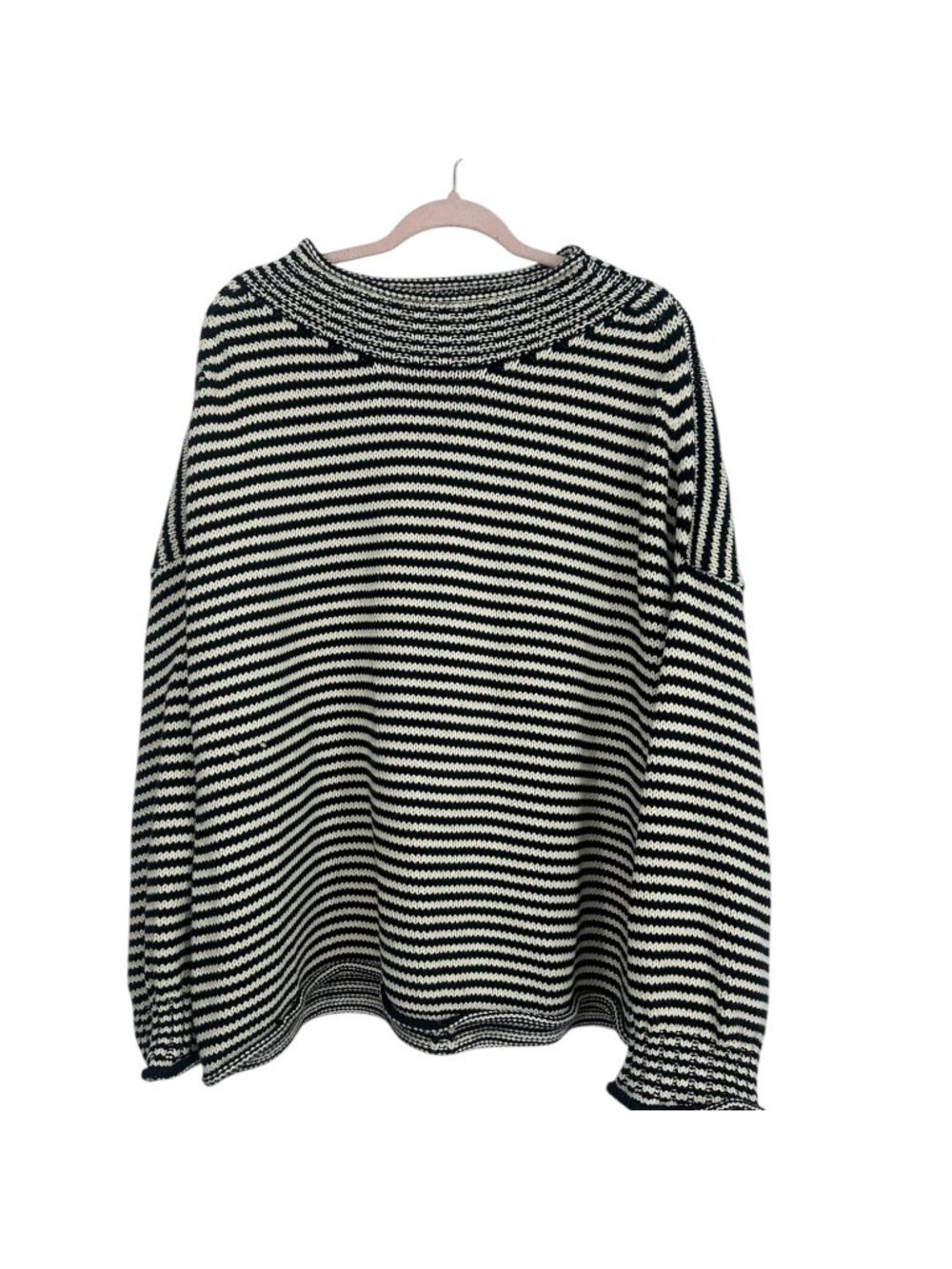 J.Crew Sweater 2X Black Ivory Striped Cotton Knit Oversized Coastal Preppy
